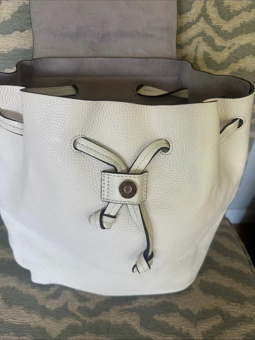 Michael Kors White Pebbled Leather Drawstring Flap Backpack with Gold MK